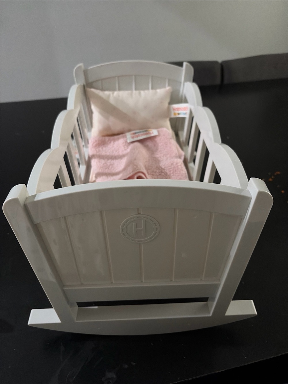 White Doll Cradle with Pink Bedding - H Brand